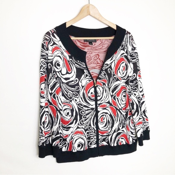 St John Red and black with white rose zip front cardigan - Picture 9 of 9